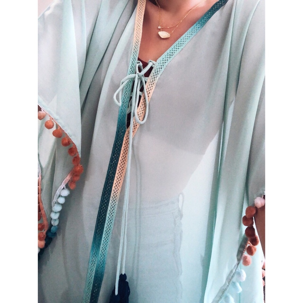 Frosty Aqua Sheer Pom Pom Kimono Cover Up - Picture 2 of 8
